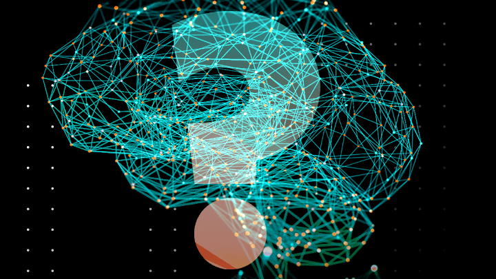 Network model of a brain with a large question mark.