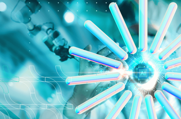 Artificial intelligence and robotic hand in a laboratory creating innovative solutions.