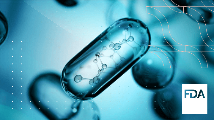 Pill with molecular structure and FDA logo, symbolizing scientific research.