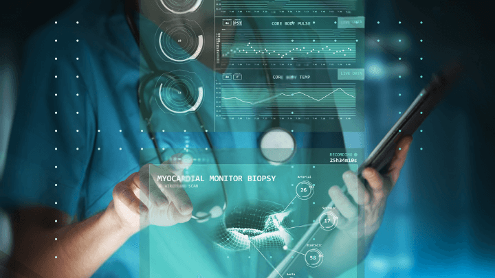 Doctor using a tablet to view holographic medical data.