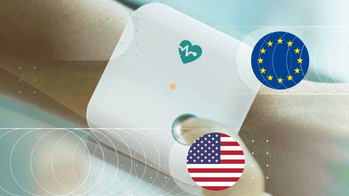 Logo with heartbeat, EU and US flags.