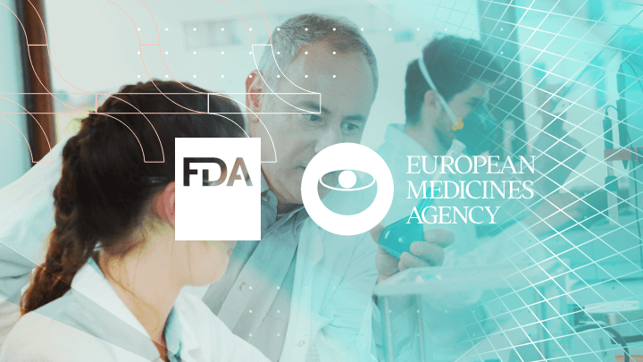 Team of scientists in a laboratory with FDA and European Medicines Agency logos.