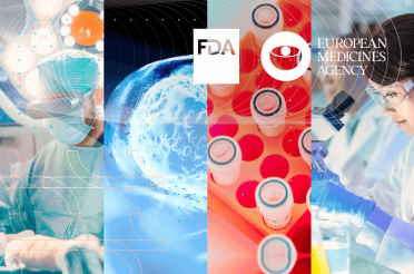 Collage of four images: surgeon, human cell, test tubes, female scientist, FDA, EMA.