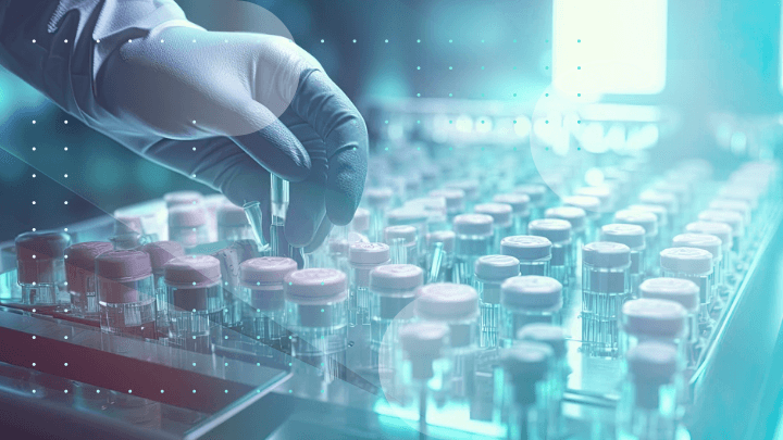 Gloved hand placing vials in a laboratory set.