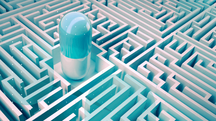 Pill in the center of a maze, symbolizing the search for a solution.