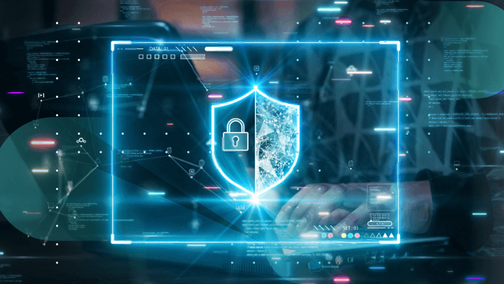 Shield with a locked padlock symbolizing cybersecurity.