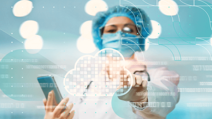 Doctor touching a data cloud while holding a phone.