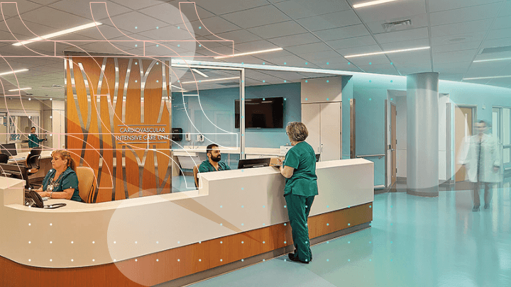 Medical staff at a hospital reception.