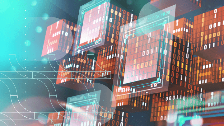 3D cubes with binary data representing blockchain technology.