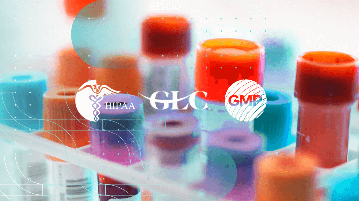 Medical test tubes with HIPAA, GxP, and GMP logos.