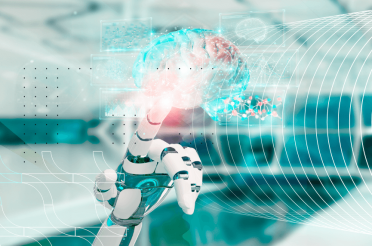 Robot hand touching a holographic image of a brain.