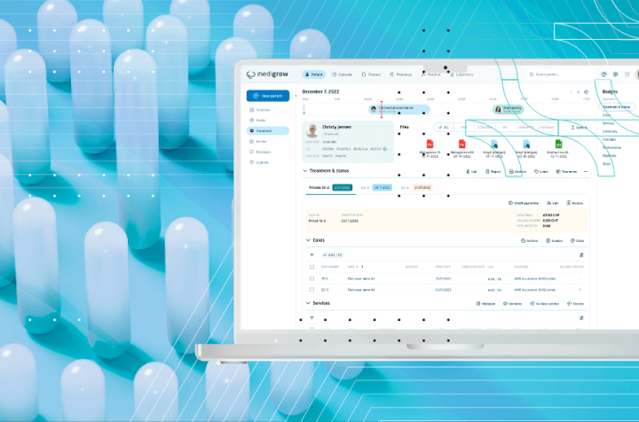 Medical data management software on a laptop with capsules.