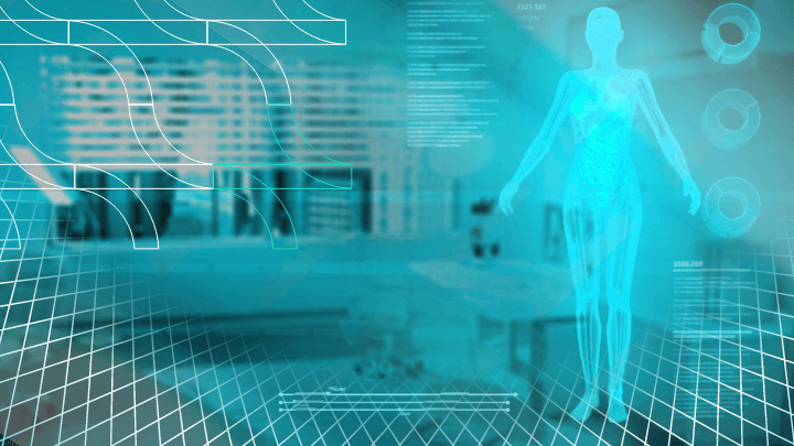 Holographic image of a human body in a medical environment.