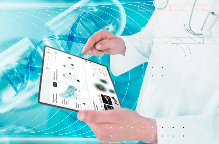 Doctor analyzing data on a tablet with a background of medicines.