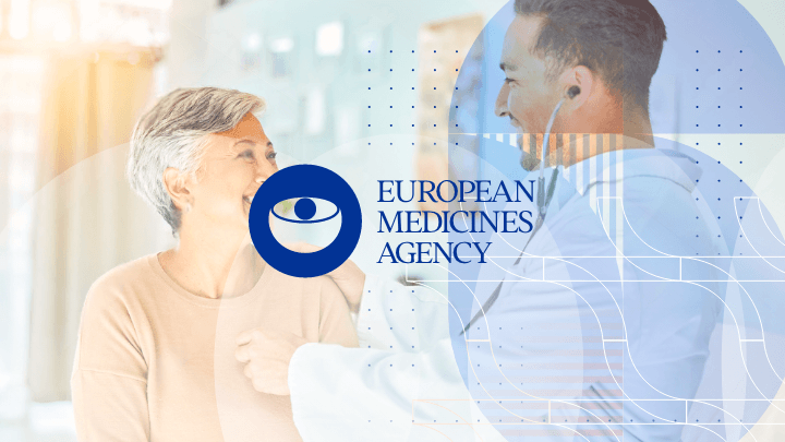 Doctor talking to elderly patient, with European Medicines Agency logo.