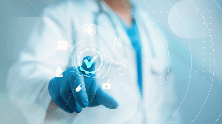 Doctor touching a virtual screen with healthcare icons.