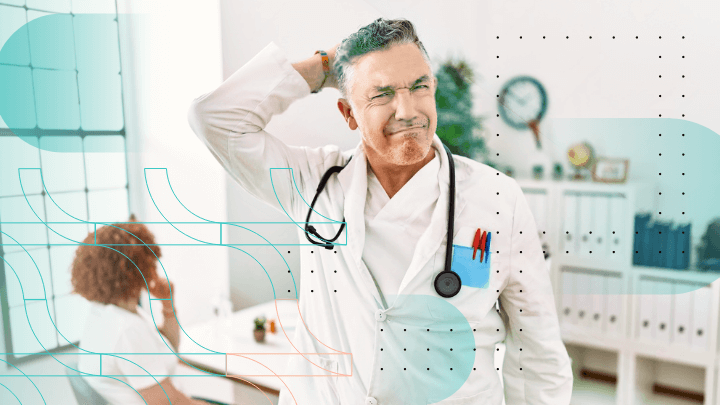 Confused doctor with hand on head.