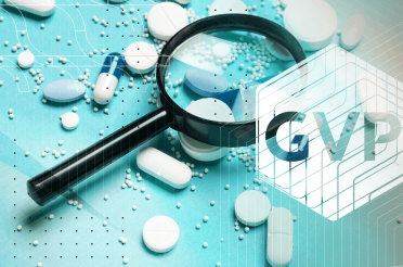 Magnifying glass over medicines with 'GVP' label.