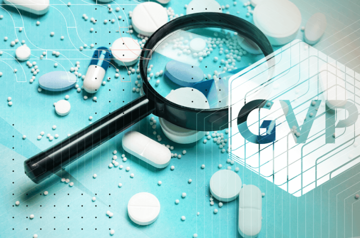 Magnifying glass over medicines with 'GVP' label.