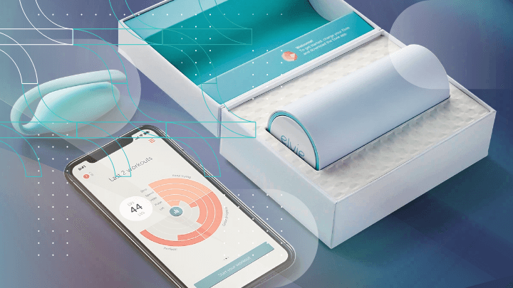 Elvie device in its box next to a phone with the app.