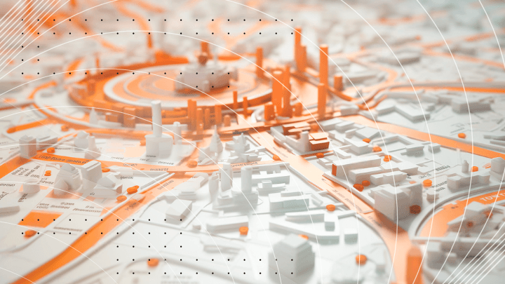 3D illustration of a city map in orange and white.
