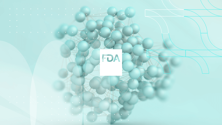 FDA logo on a 3D model of molecules or cells.