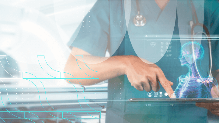 Doctor examining a holographic human body on a digital tablet.