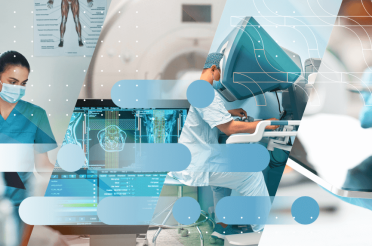Healthcare professionals and technology in a hospital.