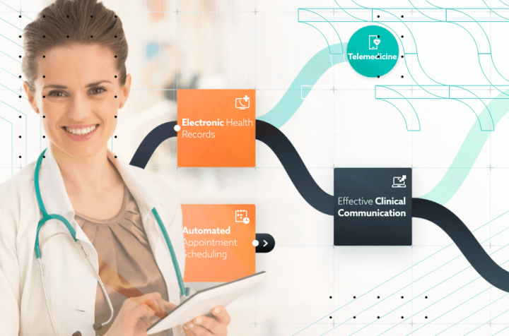 Smiling doctor presenting a tablet with eHealth infographics.