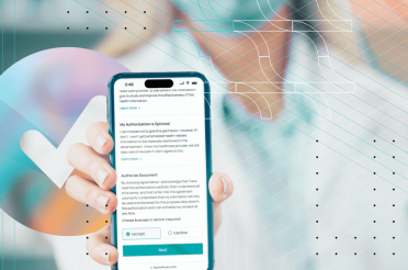 Hand holding a phone displaying a data access consent form.