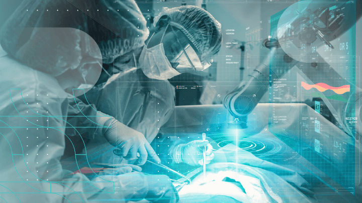 Surgeons and a robotic arm performing surgery, showcasing advancements in surgical technology.