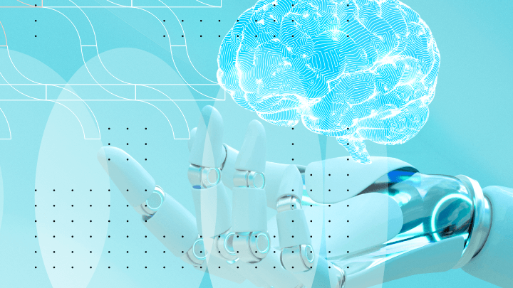 Robotic hand holding a brain, symbolizing artificial intelligence in medicine.