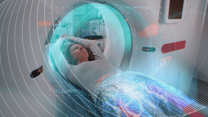 Patient undergoing a scan, with digital body data displaying advanced diagnostics.