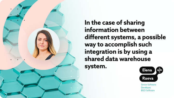 In the case of sharing information between different systems, a possible way to accomplish such integration is by using a shared data warehouse system.