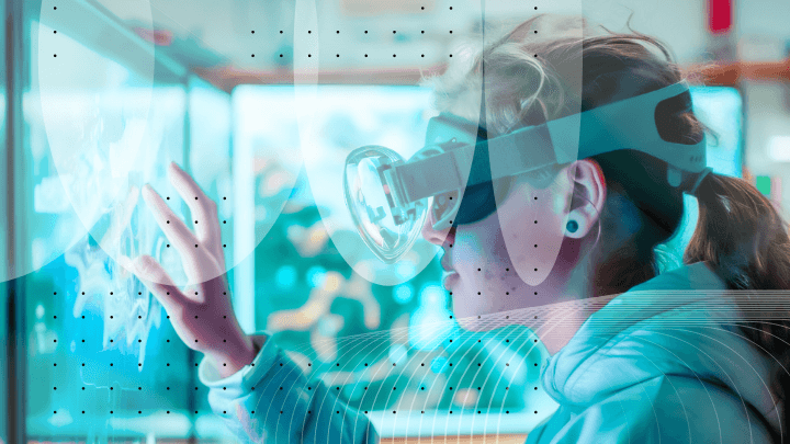 Young woman wearing VR headset and interacting with a virtual screen.