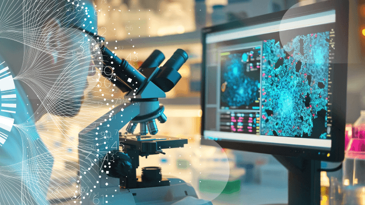 Researcher looking through a microscope while scientific data is displayed on a monitor.