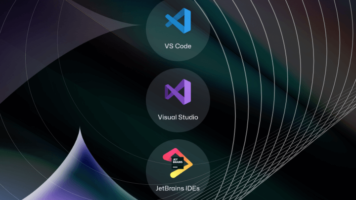 Logos of Visual Studio Code, Visual Studio, and JetBrains IDEs.