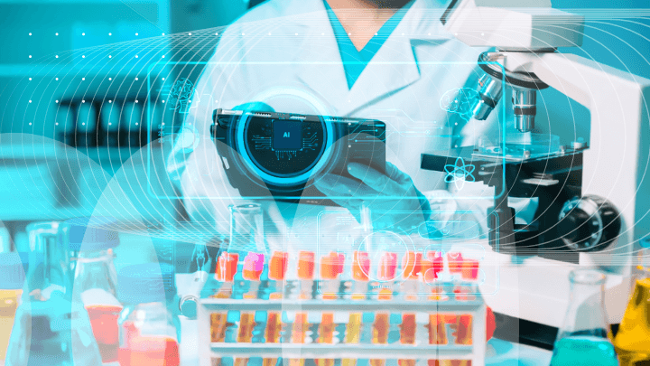 Scientist holding a phone with an 'AI' chip next to a microscope.