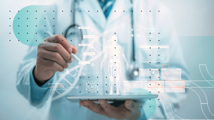 Doctor holding a tablet with a hologram of the human body.