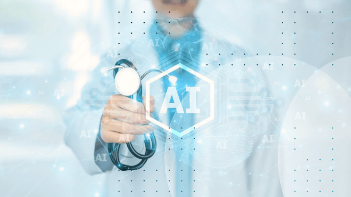 Doctor holding a stethoscope and an icon labeled “AI,” symbolizing artificial intelligence in medicine.