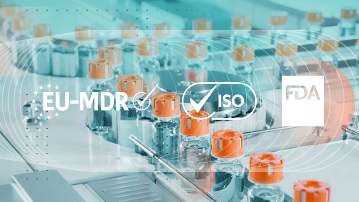 Vials with EU-MDR, ISO, and FDA symbols representing regulatory compliance.