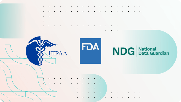 Logos of HIPAA, FDA, and National Data Guardian, representing medical regulations.