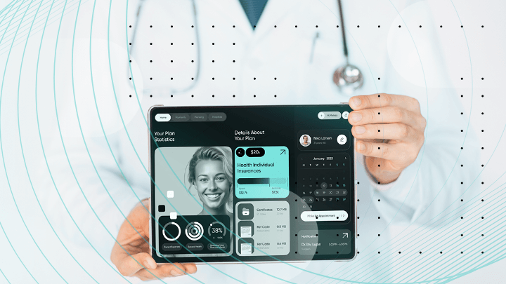 Doctor holding a tablet with a digital health data management application.