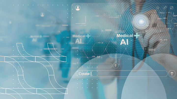 Medical professional holding a stethoscope and an icon labeled 'Medical AI.'