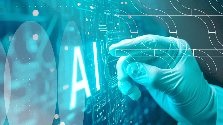 Gloved hand touching the glowing 'AI' text on a digital screen.