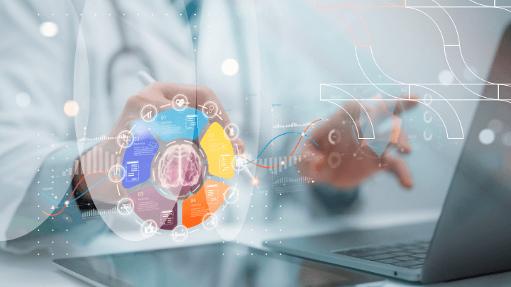 Medical professional working with data displayed as a hologram.