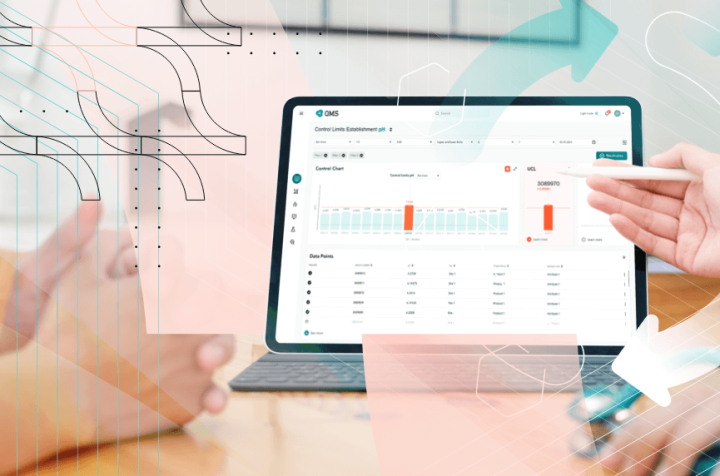 Tablet screen displaying data and charts for quality control.