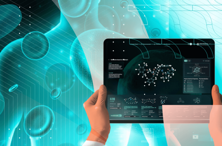 Two hands holding a tablet displaying molecular structure information.