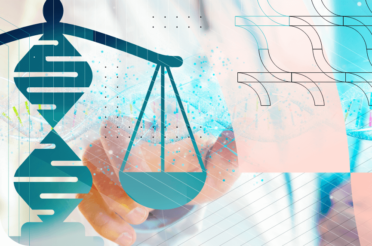 Scales and a DNA strand, symbolizing ethics and law in genetics.