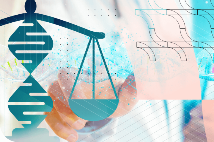 Scales and a DNA strand, symbolizing ethics and law in genetics.